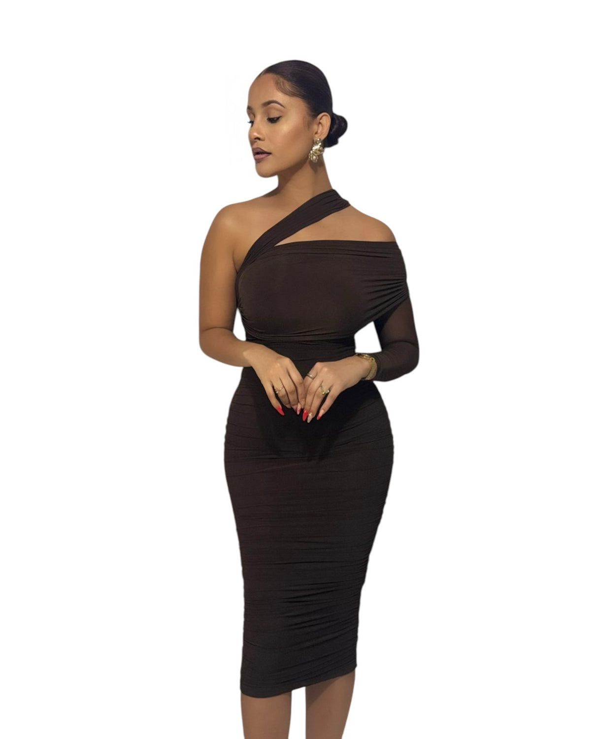 Classy Mocha One Shoulder Bodycon Ruffle Dress