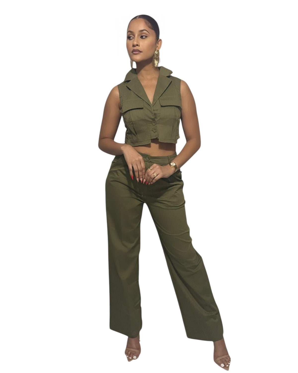 Lets Talk Money Army Green 2 Piece Pants Set