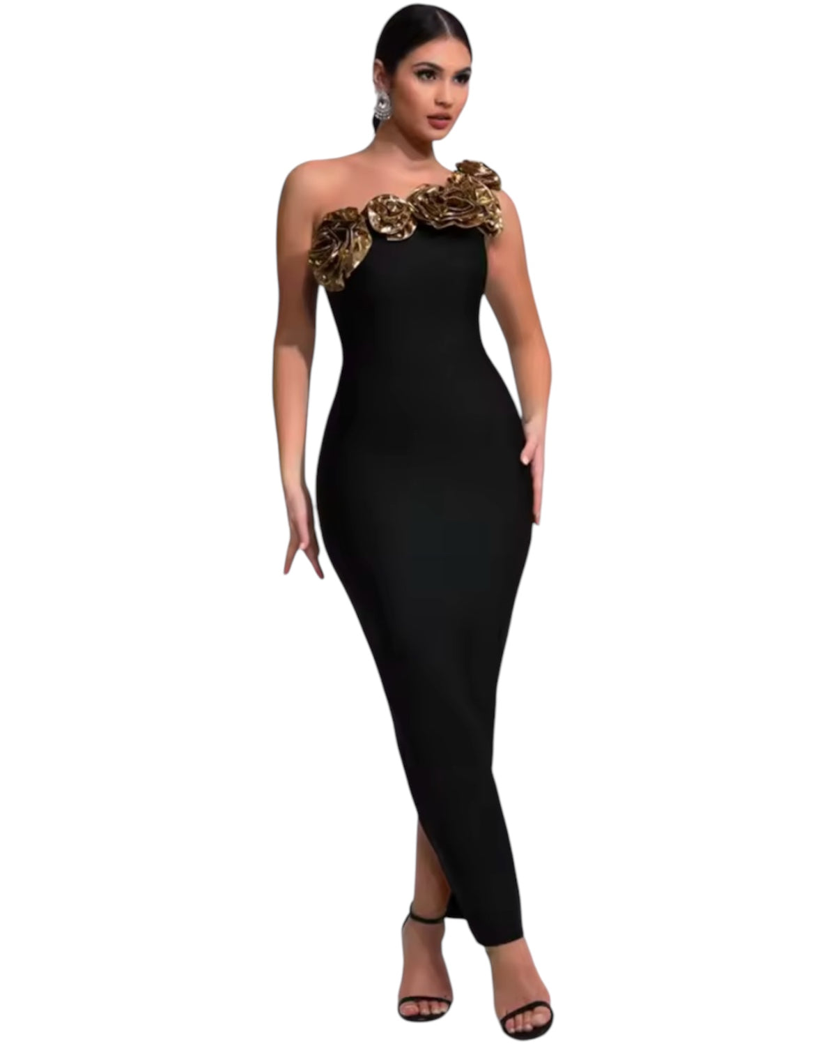 Golden Rose Black Midi One Shoulder Bandage Dress