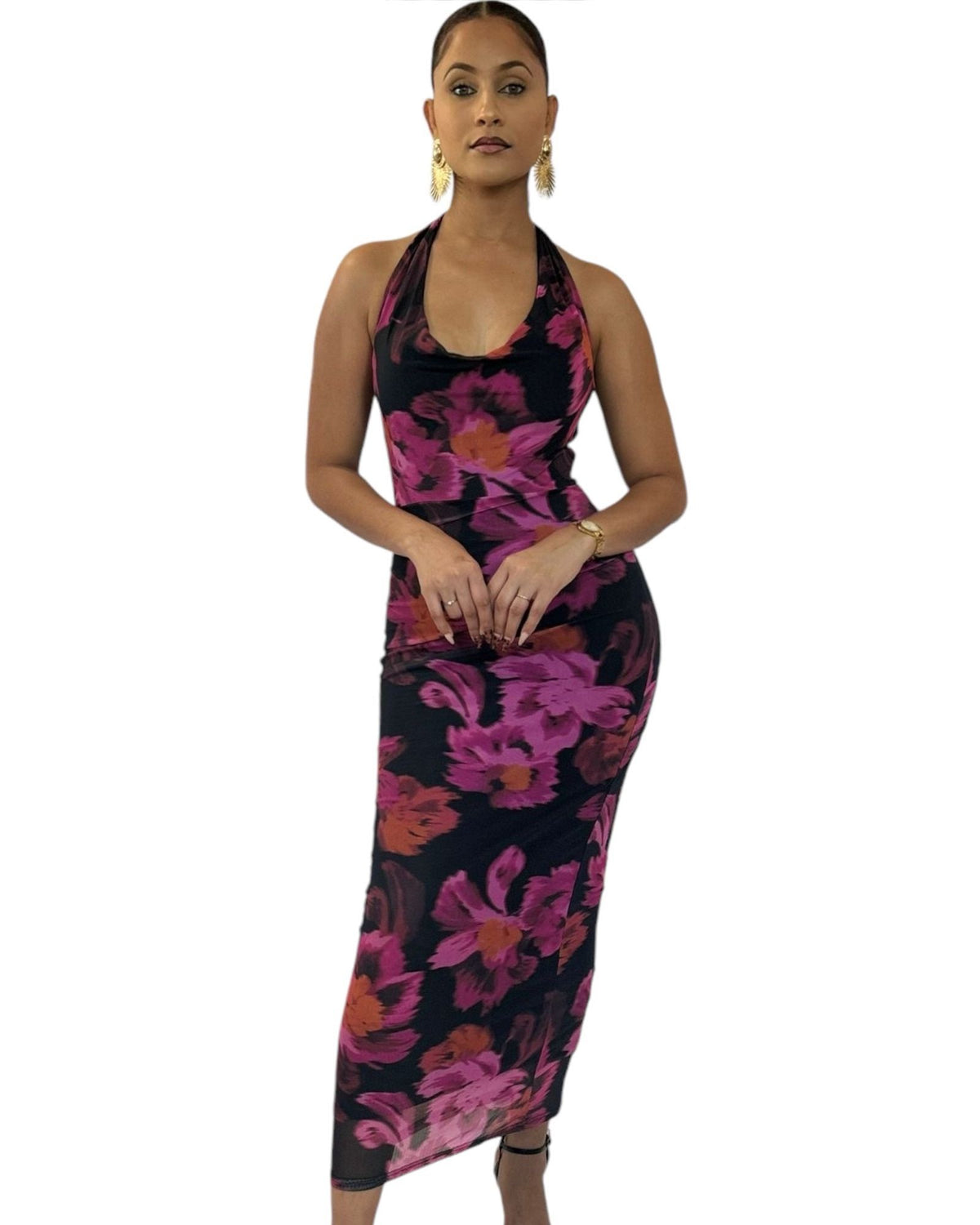 Midnight Bloom Halter Top Midi Dress